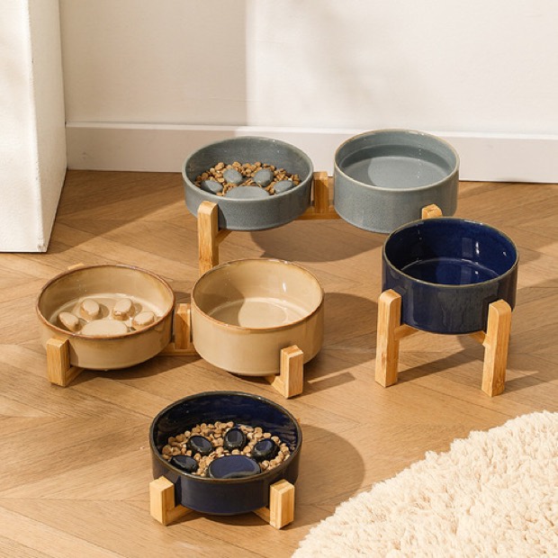 Chinese-style Ceramic Double Pet Bowl Cats Dogs Portable Neck Care Slow Feeding Bowl Anti-Choking Tip-Resistan — Other Products wholesale from Zootail