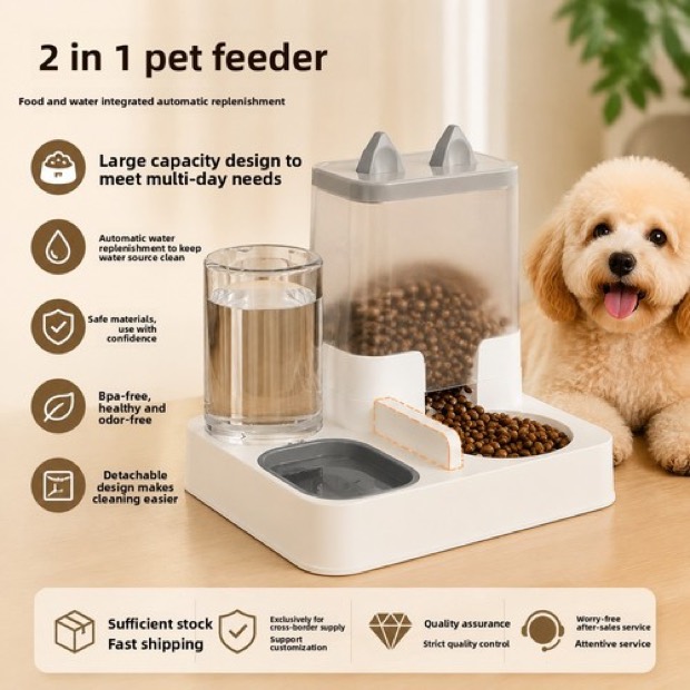 Stainless Steel & Plastic 2-in-1 Pet Bowl Auto Feeder & Water Dispenser Dual Bowls for Cats & Dogs Indoor/Outd — Water Cup wholesale from Zootail